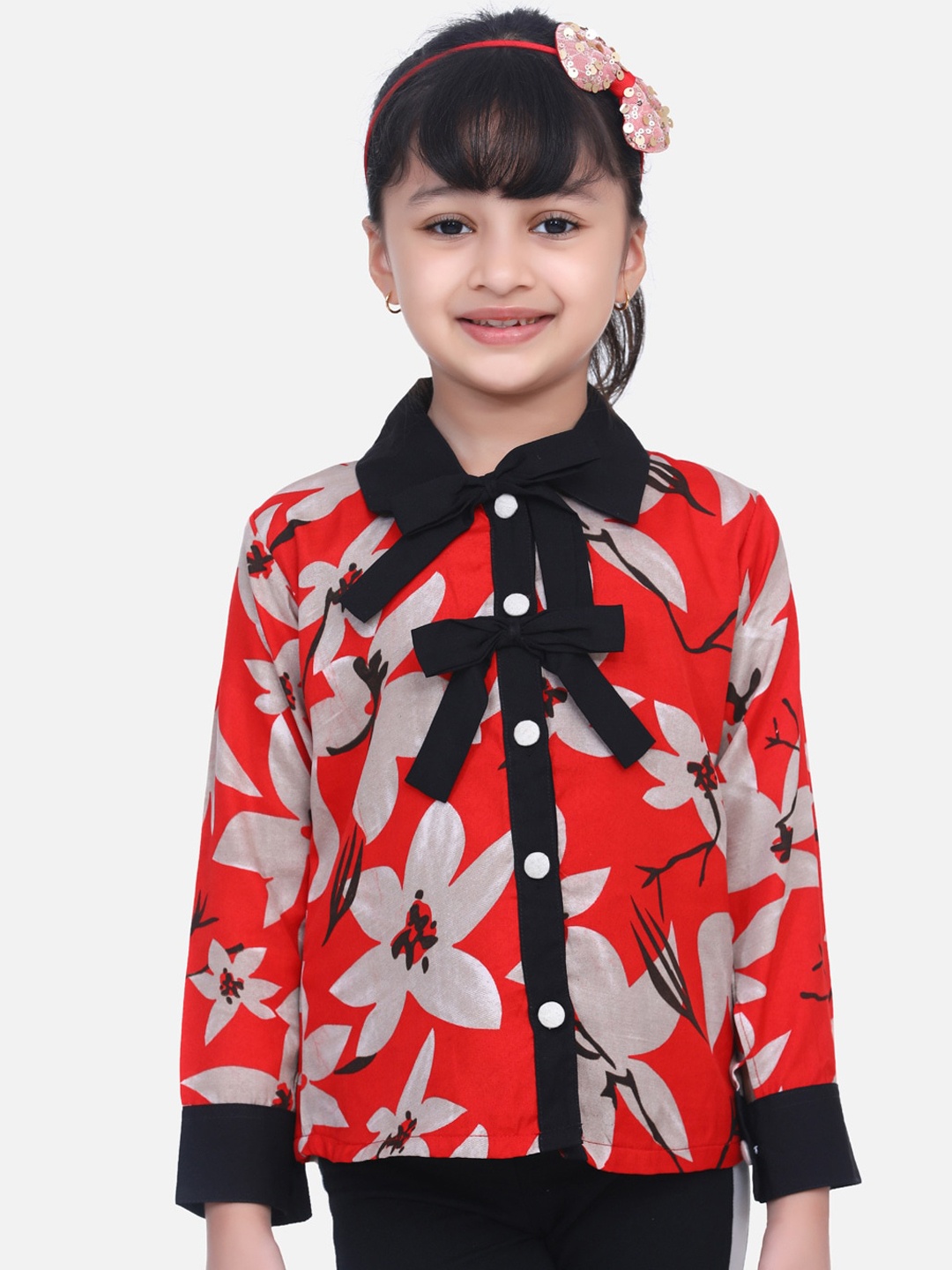 Cutiekins Girls Red Floral Printed Shirt Style Top