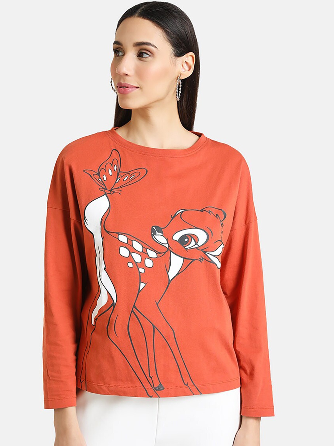 Kazo Women Orange Printed Round Neck T-shirt