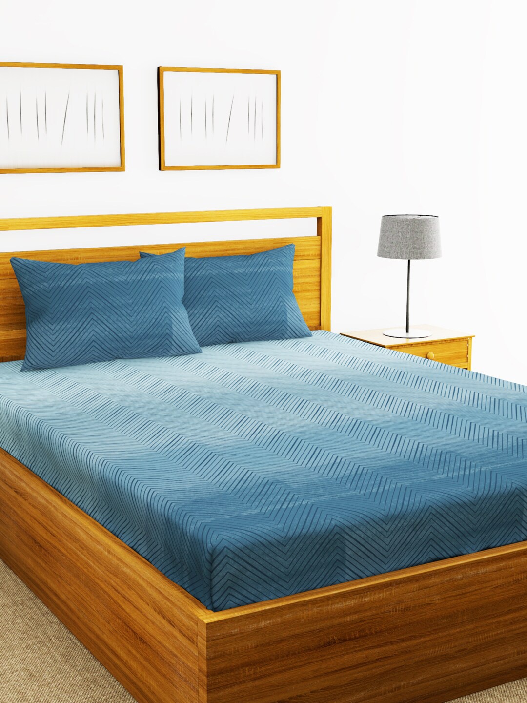 BIANCA Blue Chevron Printed 180 TC Double Bedsheet With Two Pillow Covers