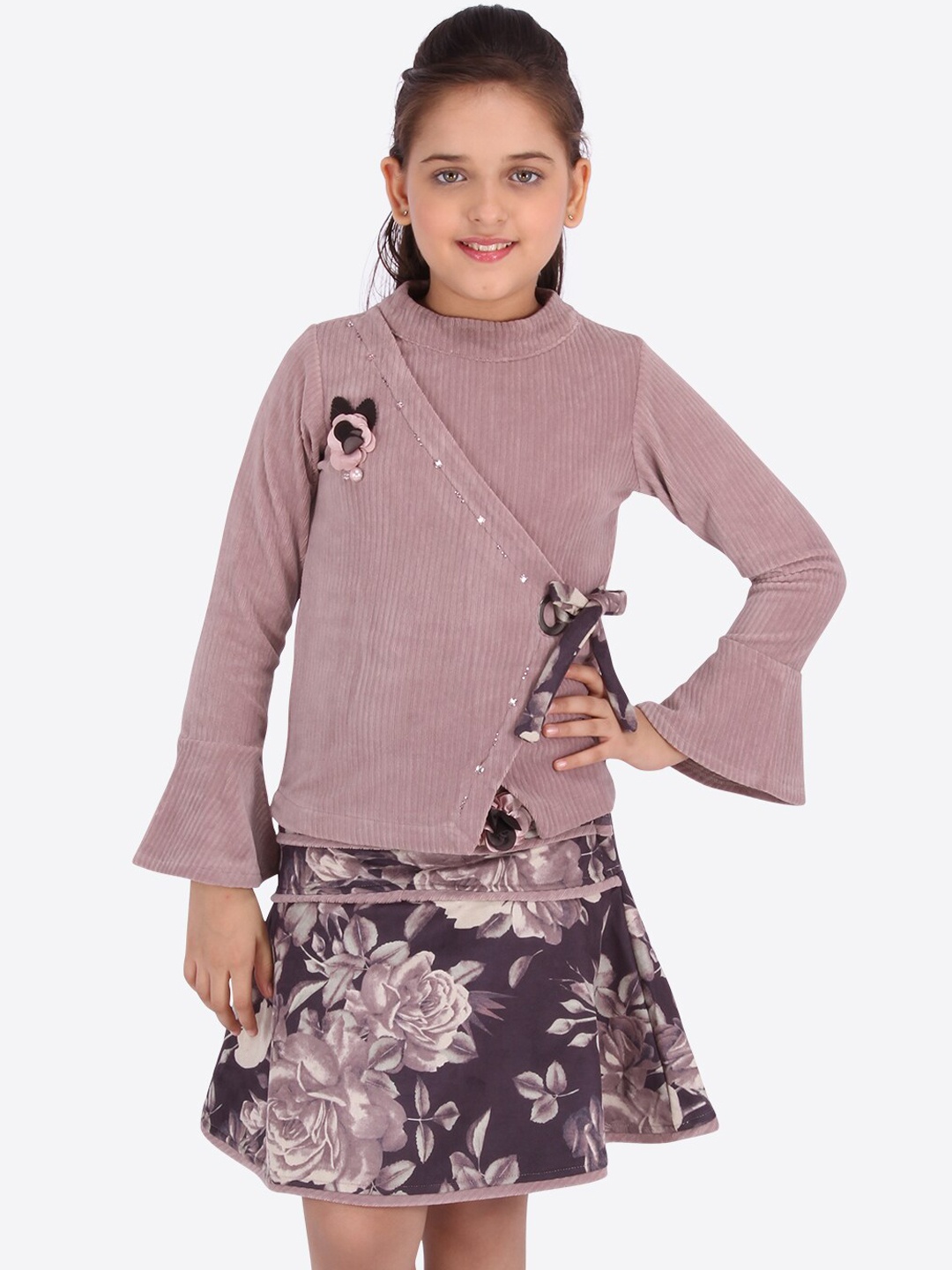 CUTECUMBER Girls Mauve Solid Top with Floral Printed Skirt
