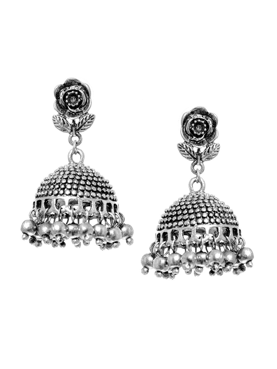 INDYA Silver-Plated Oxidised Dome Shaped Jhumkas