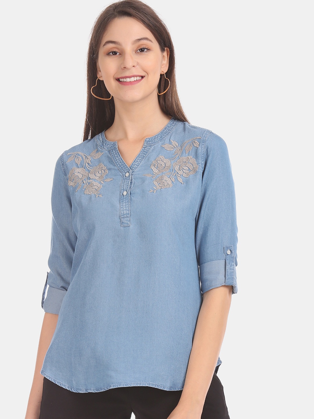 Cherokee Women Blue Solid Shirt Style Top