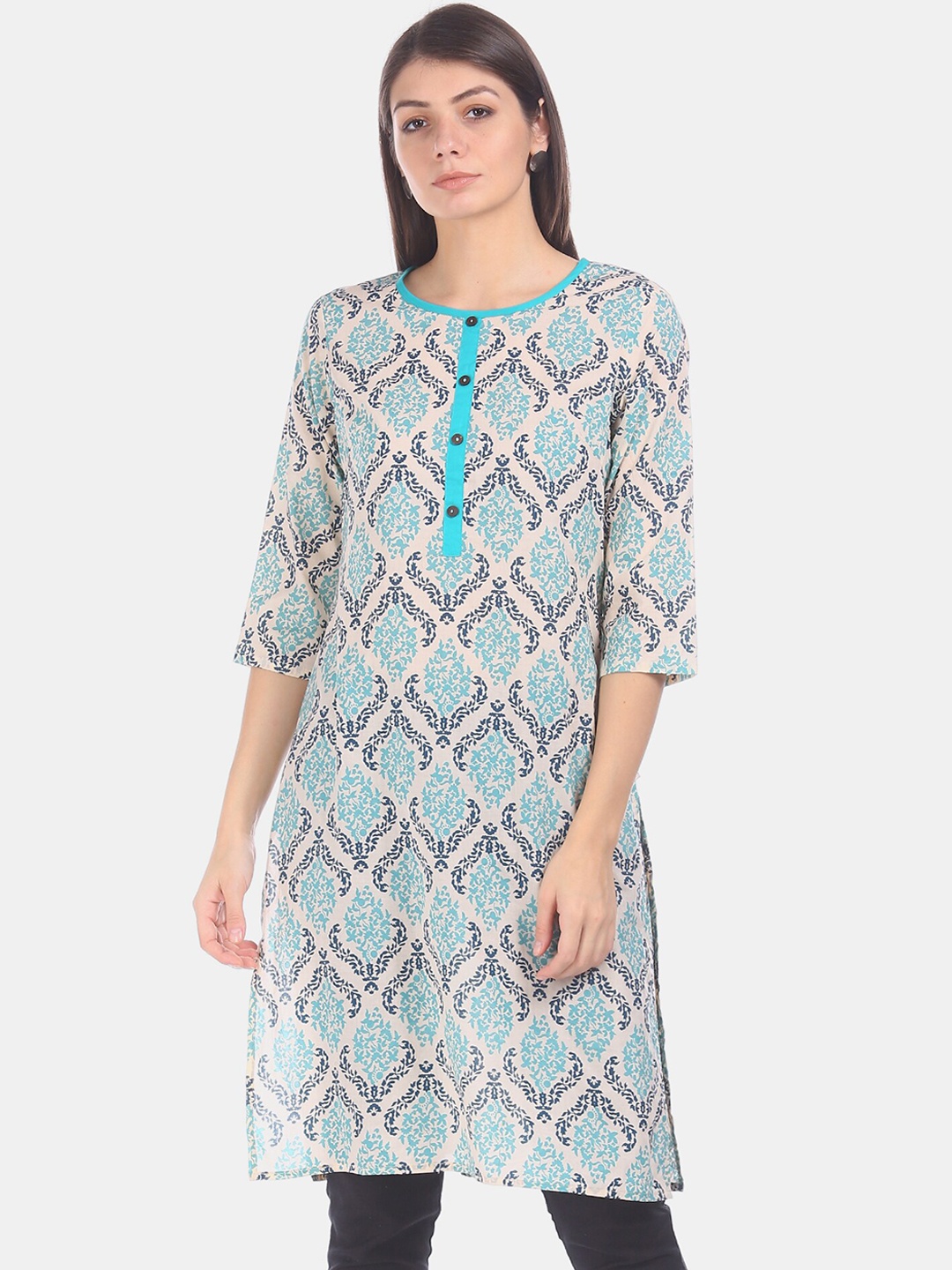 Karigari Women Cream-Coloured & Blue Printed Straight Kurta