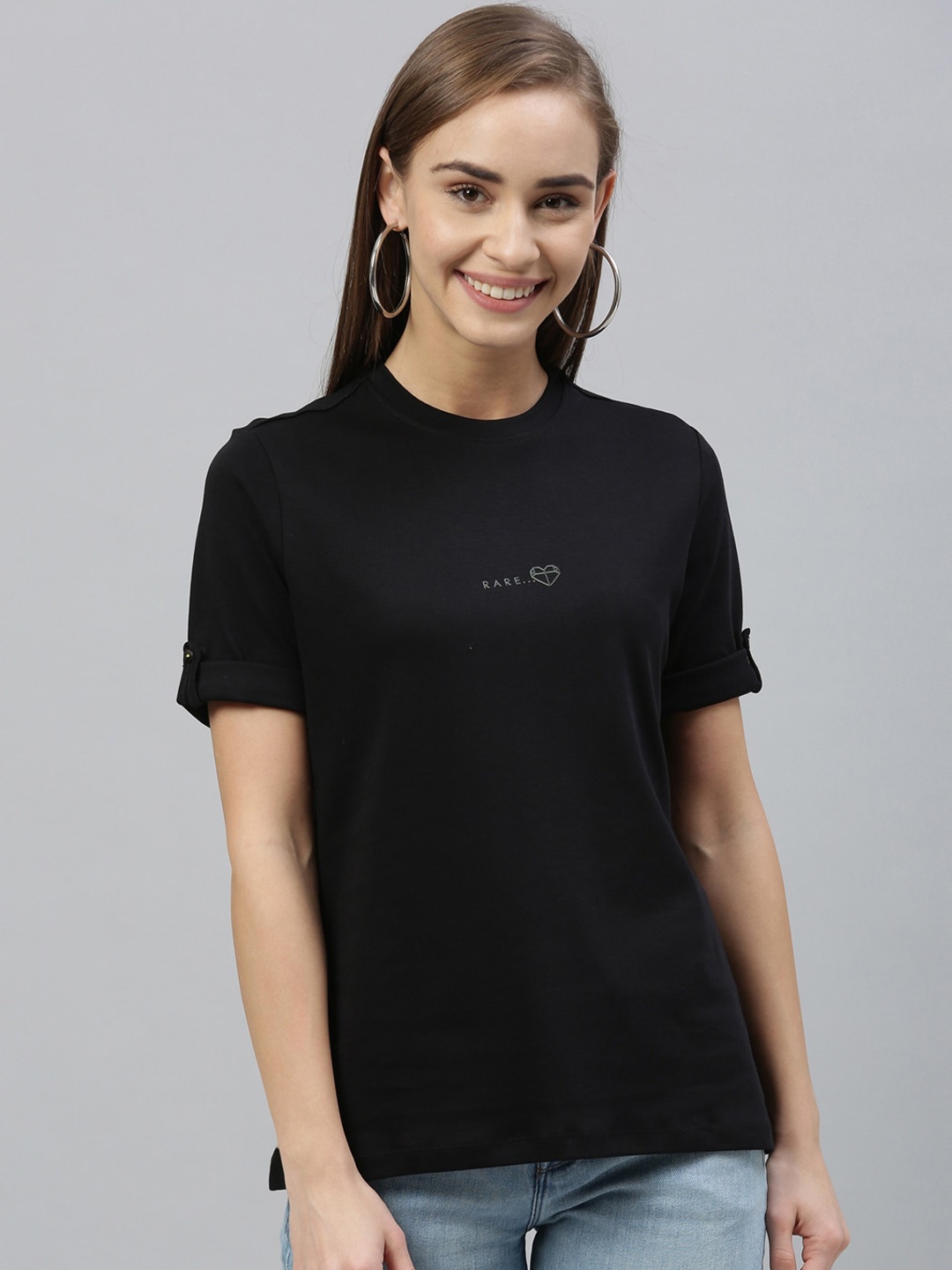 RAREISM Women Black Solid Pure Cotton Top