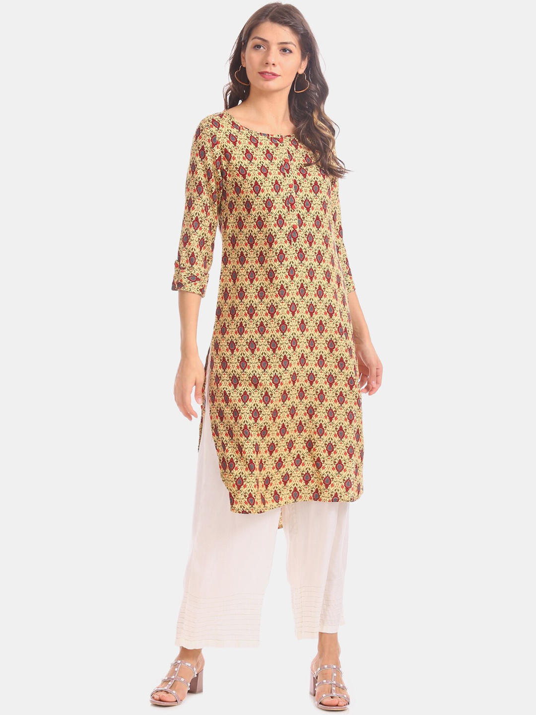 Karigari Women Beige Printed Straight Kurta