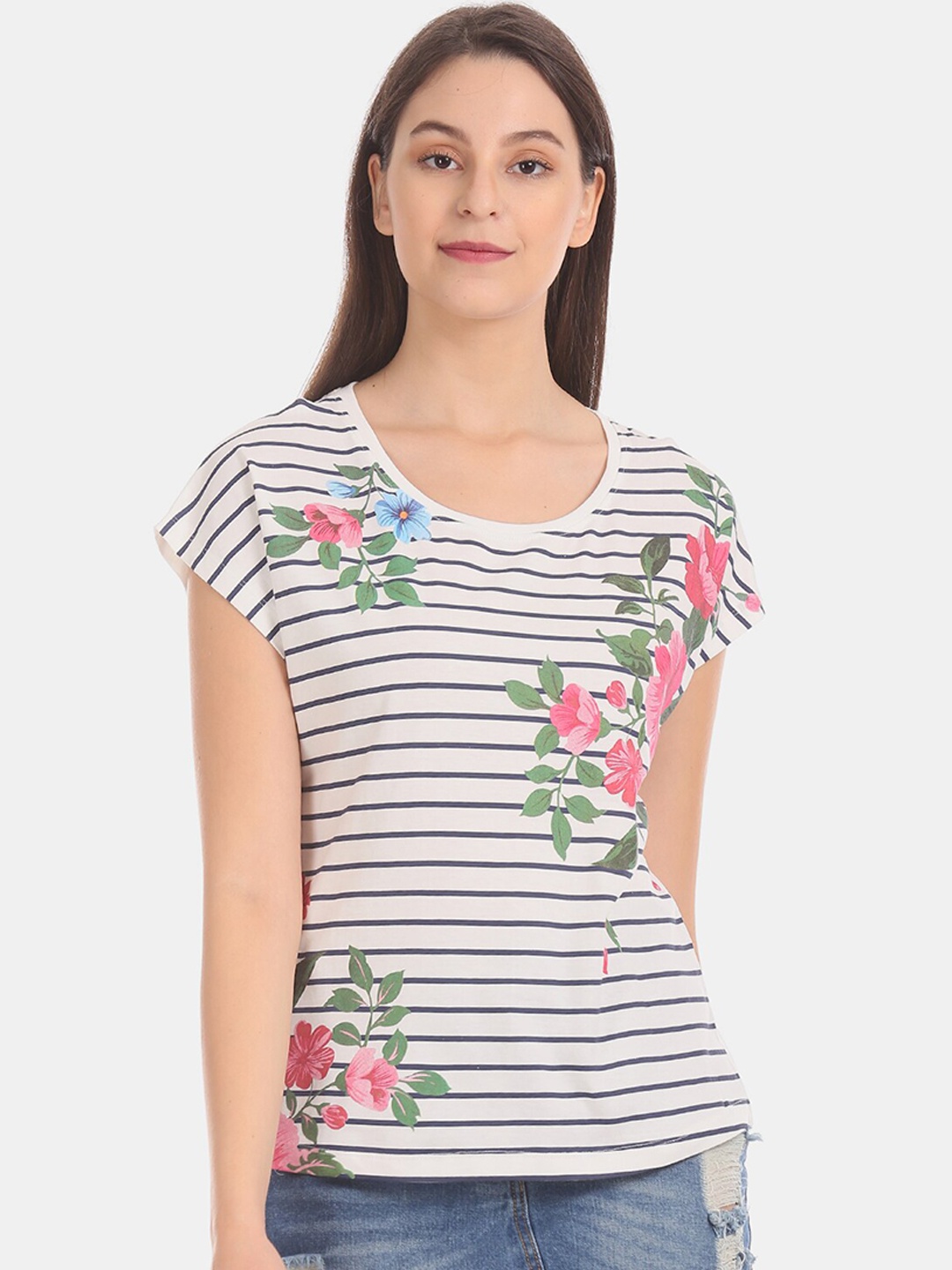Sugr Women Off-White & Pink Striped Floral Print Pure Cotton Top