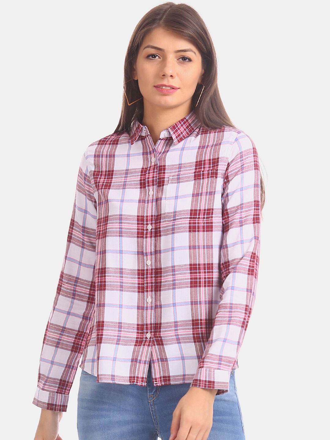 Cherokee Women White & Maroon Regular Fit Checked Casual Shirt
