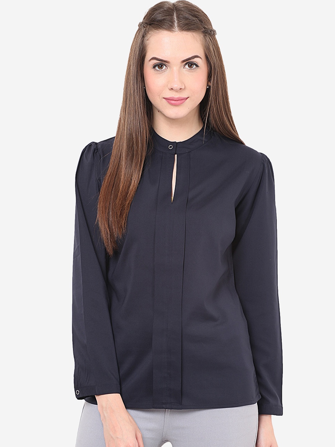 Porsorte Women Navy Blue Modern Regular Fit Solid Formal Shirt
