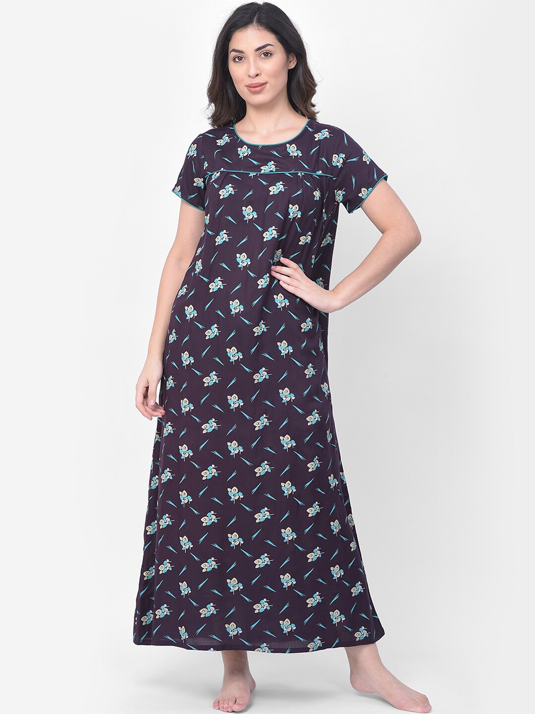 Clovia Women Purple & Blue Floral Printed Maxi Nightdress NS1211P063