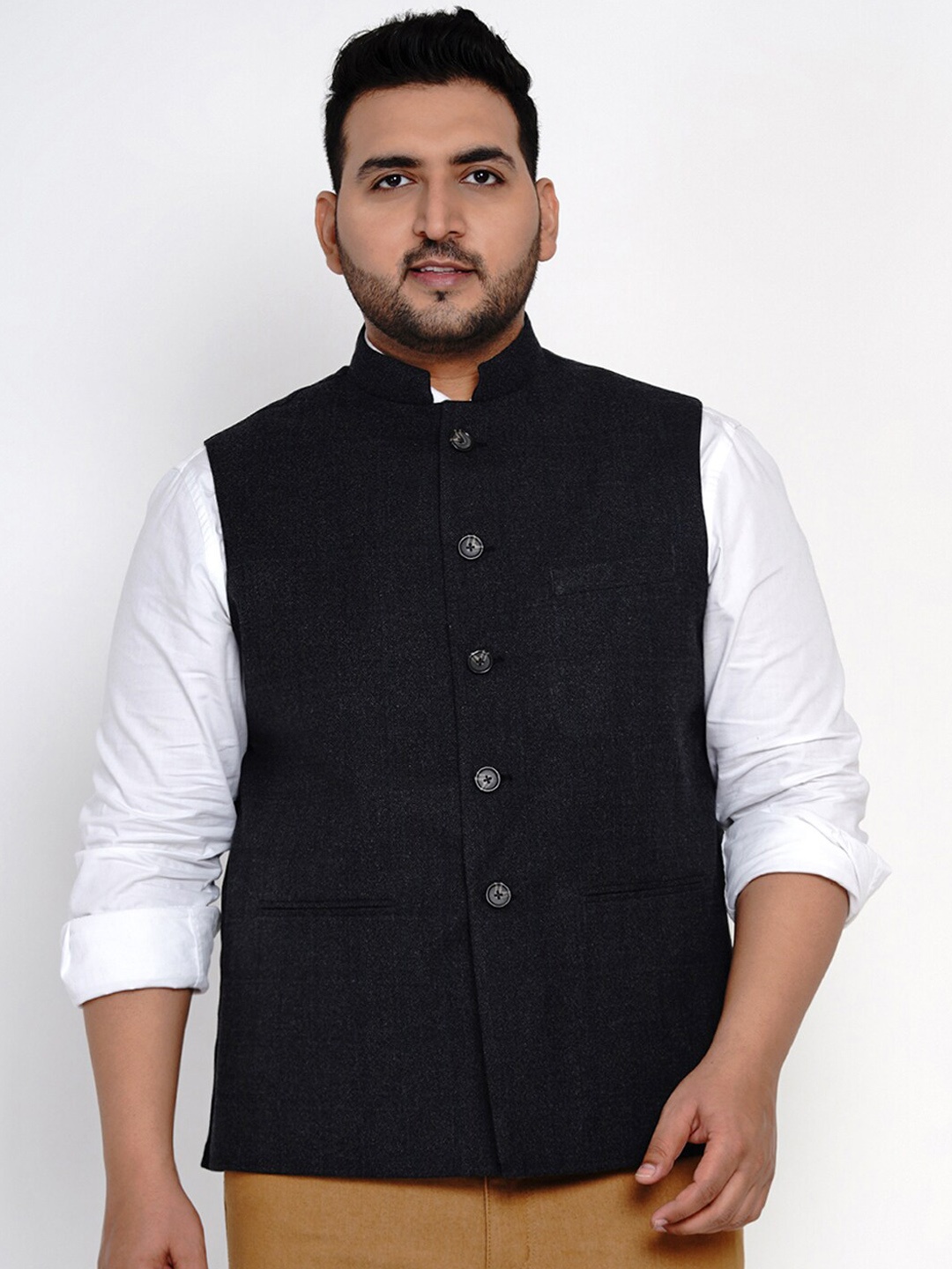 John Pride Men Black Solid Plus Size Nehru Jacket