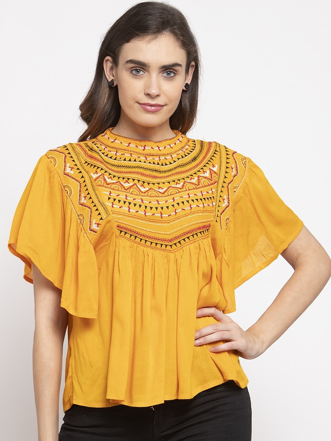 Purple State Women Mustard Yellow Self Design Empire Top