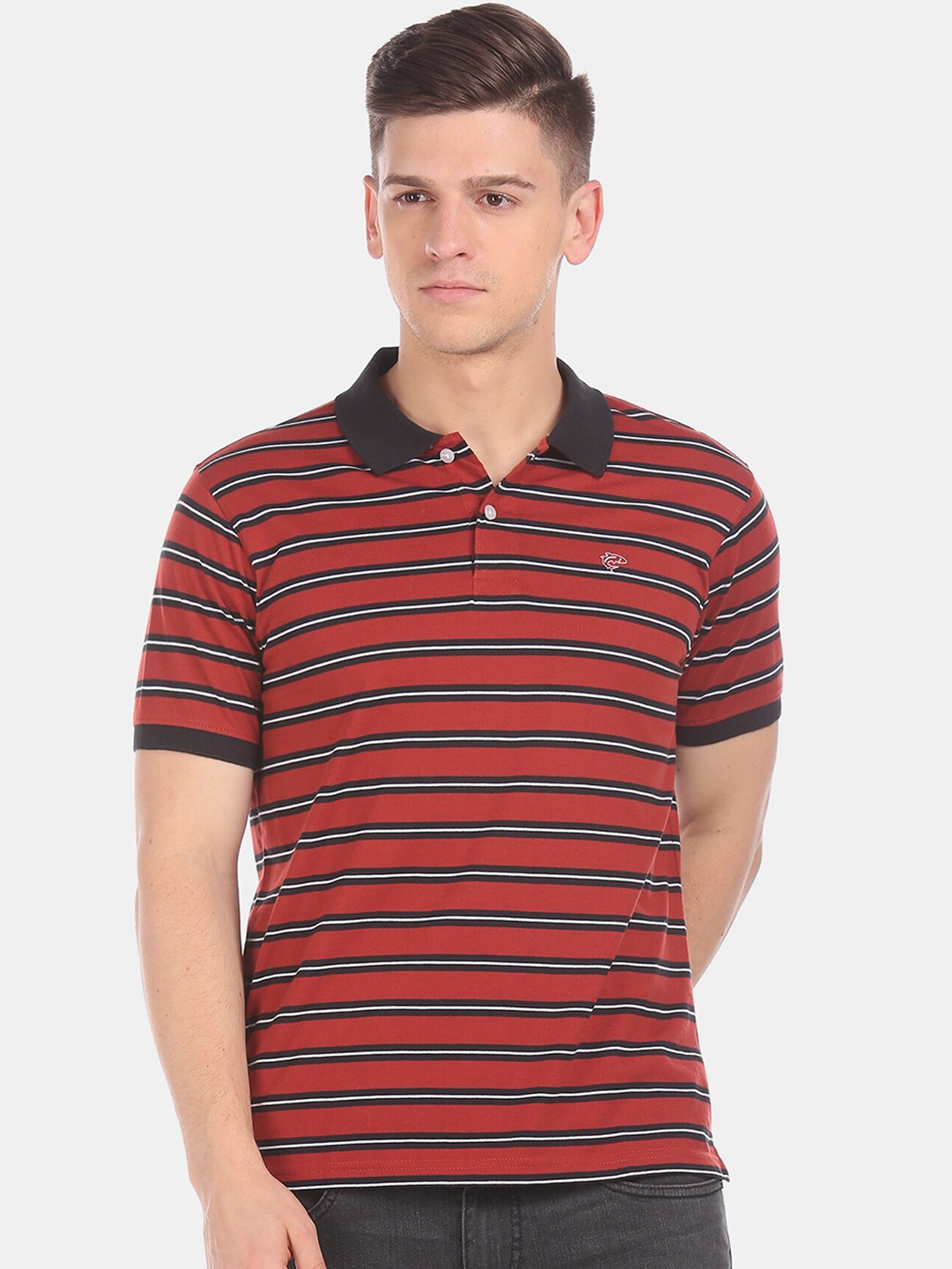 Ruggers Men Maroon & Black Striped Polo Collar T-shirt