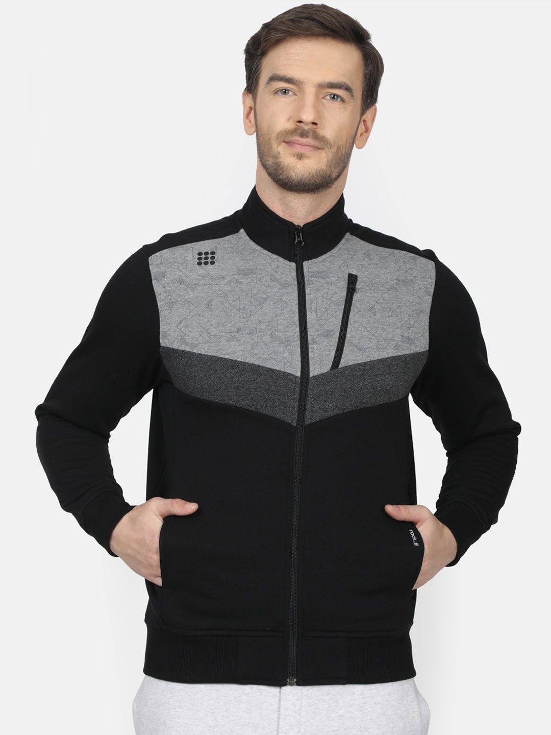 rock.it Men Black & Grey Colourblocked Sweatshirt