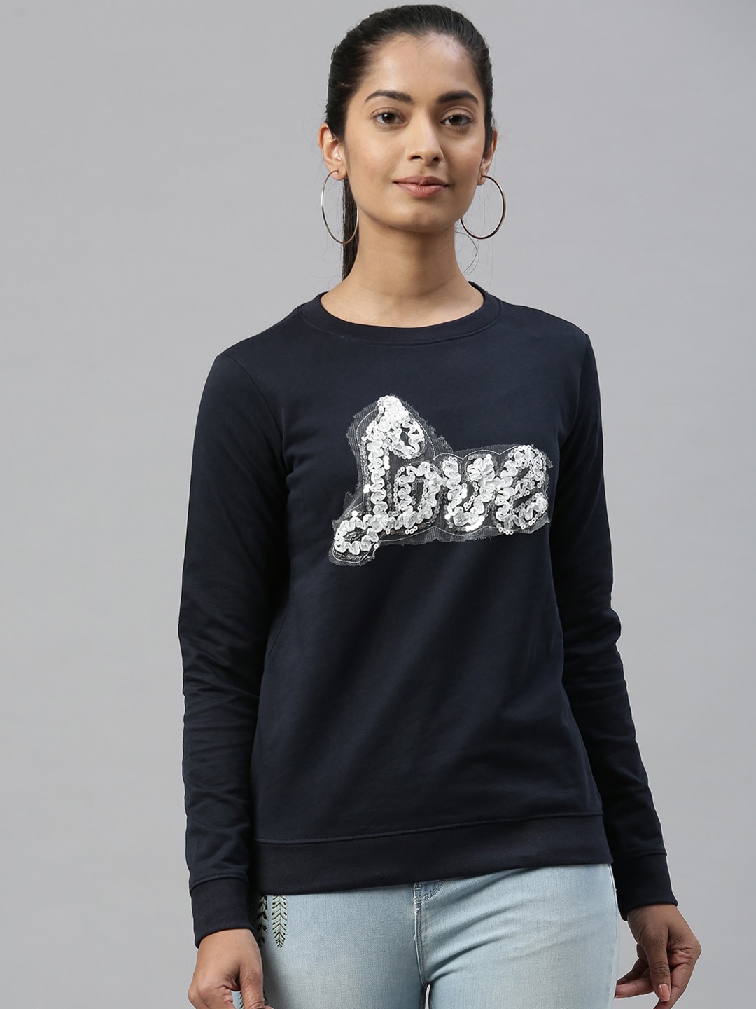 Kryptic Women Navy Blue Printed Sweatshirt