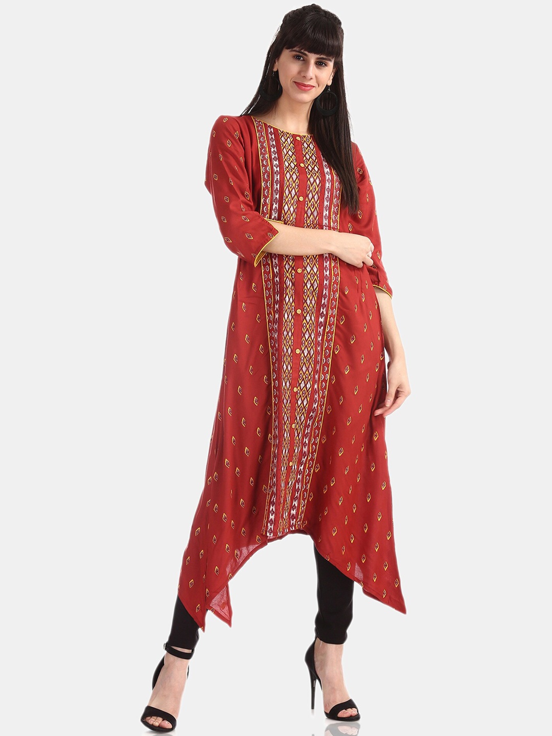 Anahi Women Rust & Gold-Toned Printed A-Line Kurta