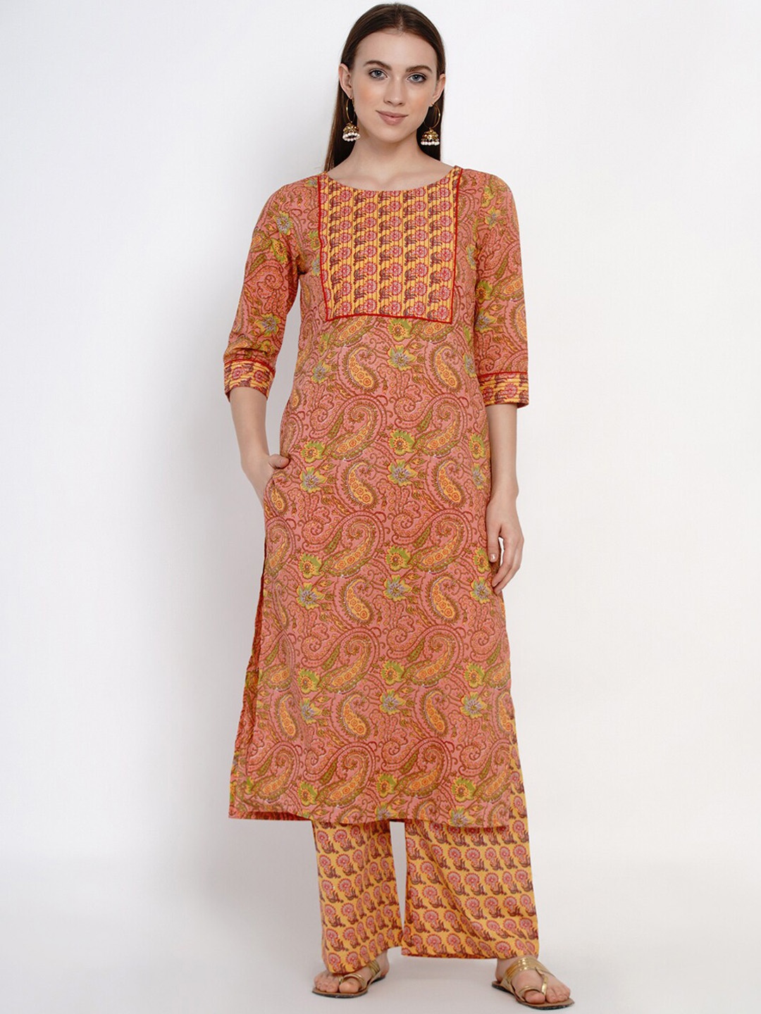 Yuris Women Pink & Orange Printed Kurta with Palazzos