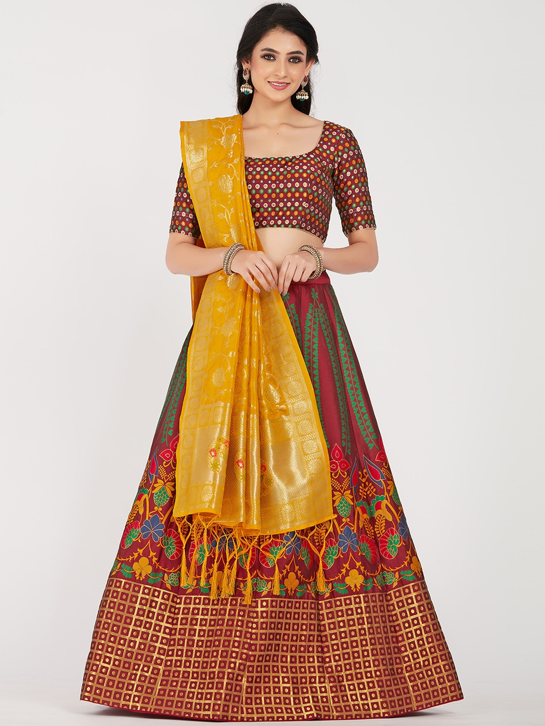 MIMOSA Women Maroon & Yellow Zari Woven Design Semi-Stitched Lehenga & Unstitched Choli with Dupatta
MIMOSA Women Maroon & Yellow Zari Woven Design Semi-Stitched Lehenga & Unstitched Choli with Dupatta