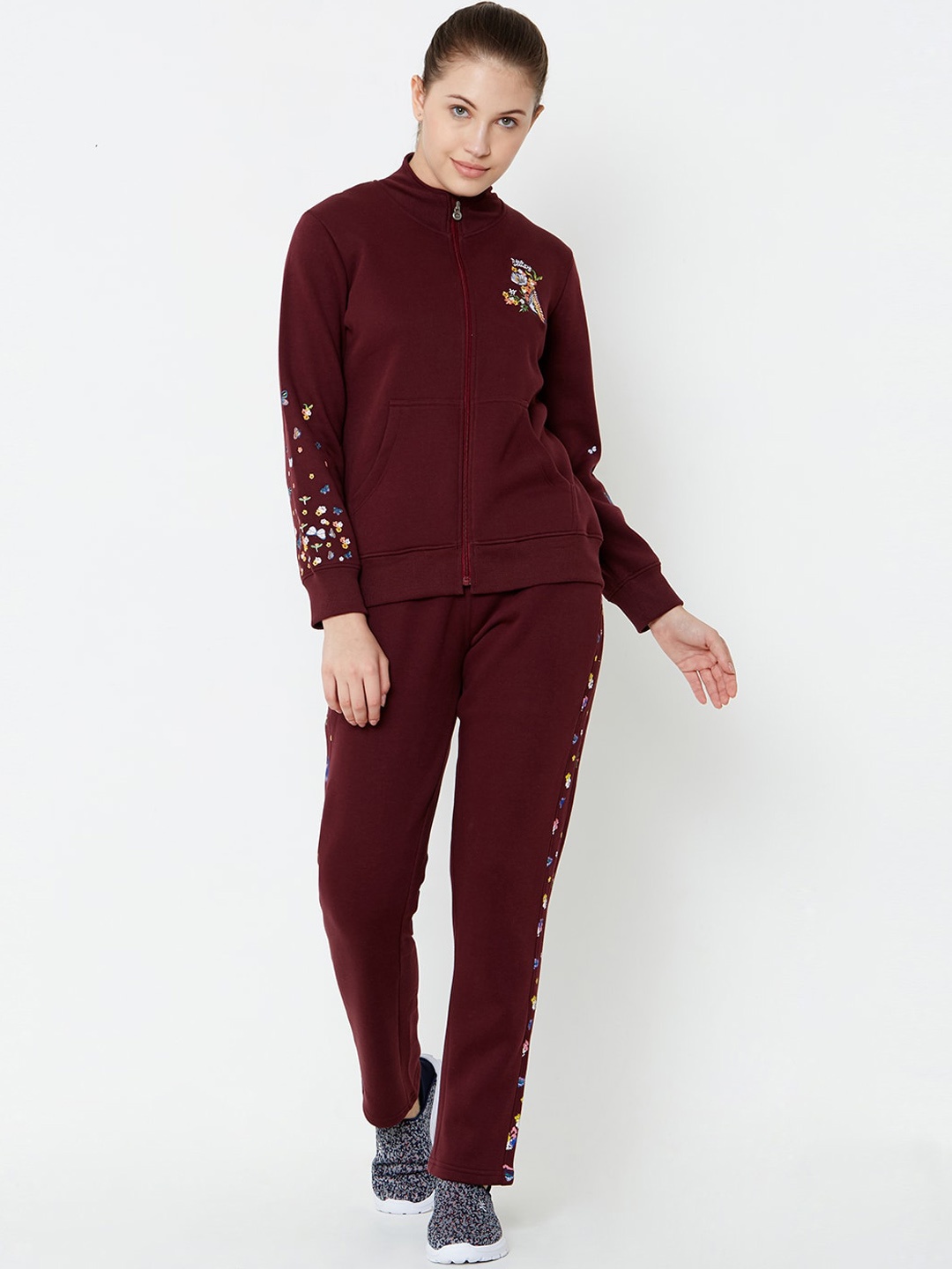 Sweet Dreams Women Burgundy Embroidered Tracksuit