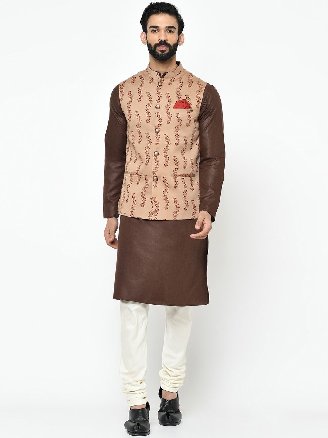 KISAH Men Brown & Off-White Solid Kurta with Pyjamas