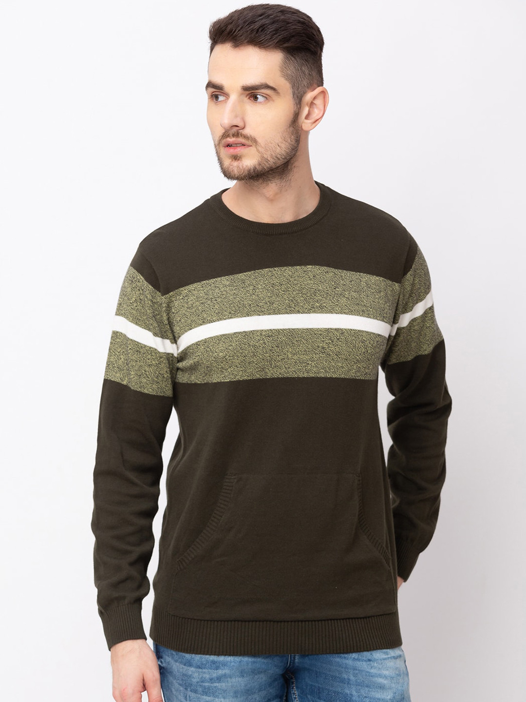 Globus Men Olive Green Colourblocked Sweater 
Globus Men Olive Green Colourblocked Sweater