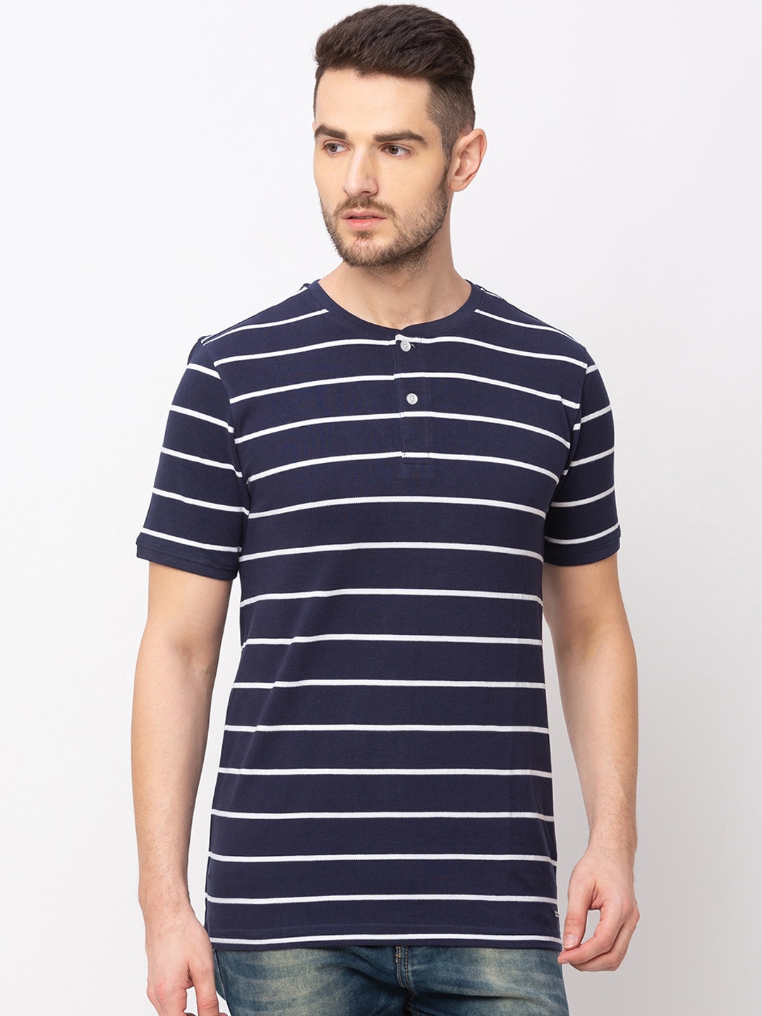 Globus Men Navy Blue & White Striped Mandarin Collar T-shirt