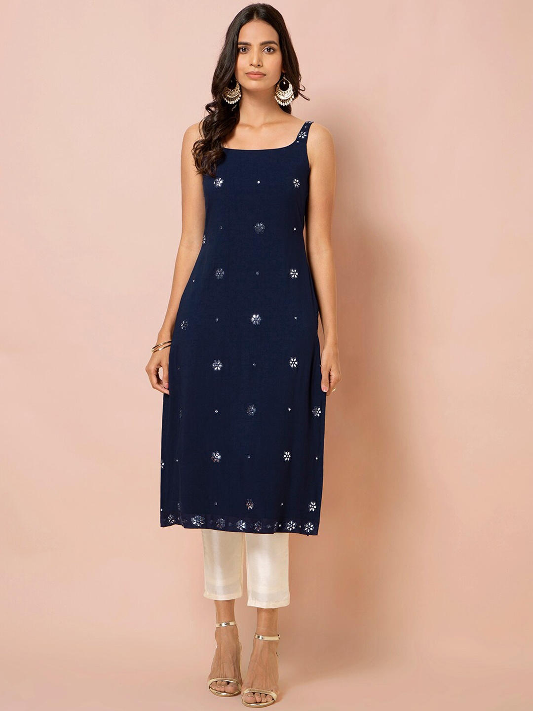 INDYA Women Navy Blue Embroidered A-Line Kurta