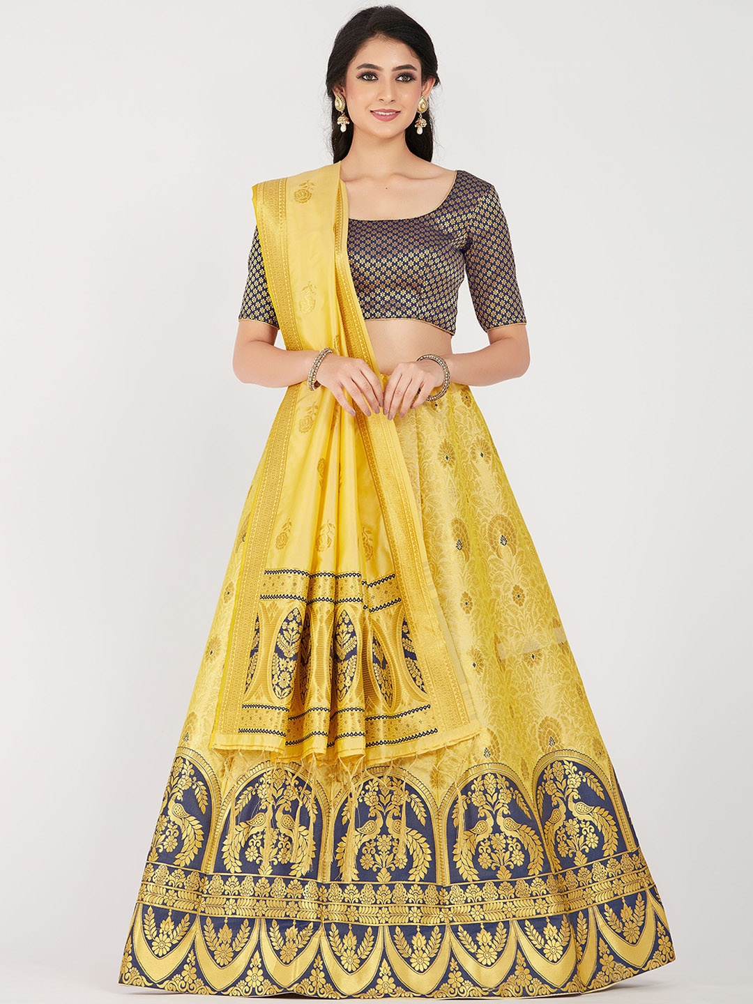 MIMOSA Women Yellow & Navy Blue Woven-Design Semi-Stitched Lehenga With Unstitched Blouse & Dupatta
MIMOSA Women Yellow & Navy Blue Woven-Design Semi-Stitched Lehenga With Unstitched Blouse & Dupatta