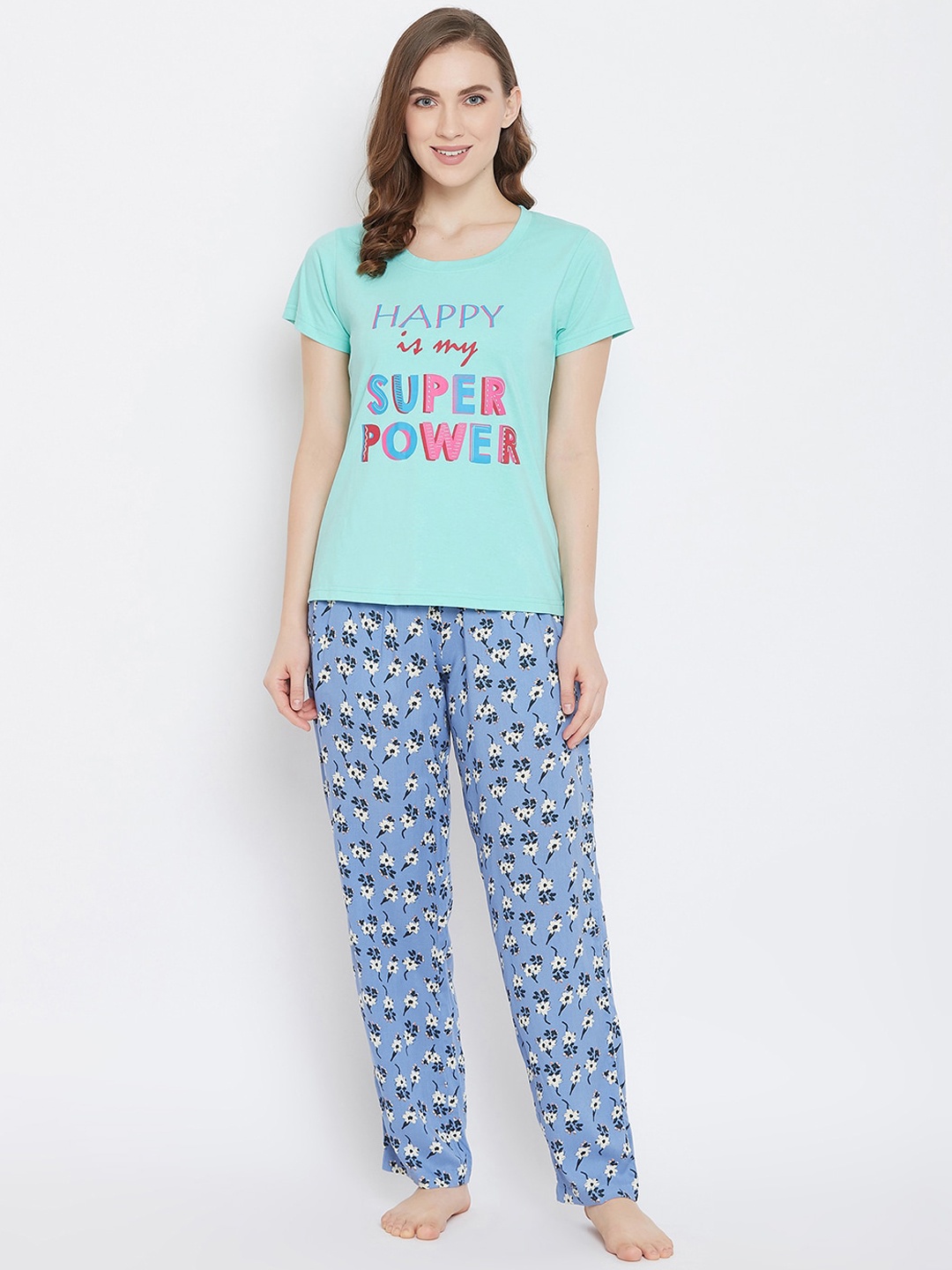 Clovia Women Green & Blue Printed Night Suit