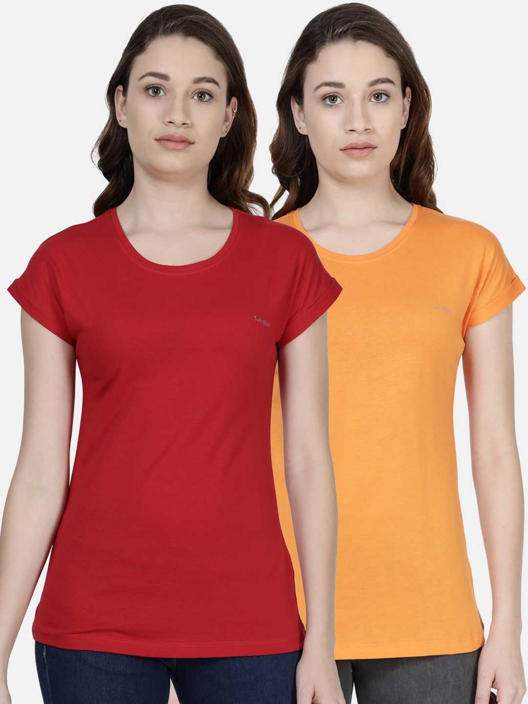 TWIN BIRDS Women Pack of 2 Round Neck Pure Cotton T-shirts, Red