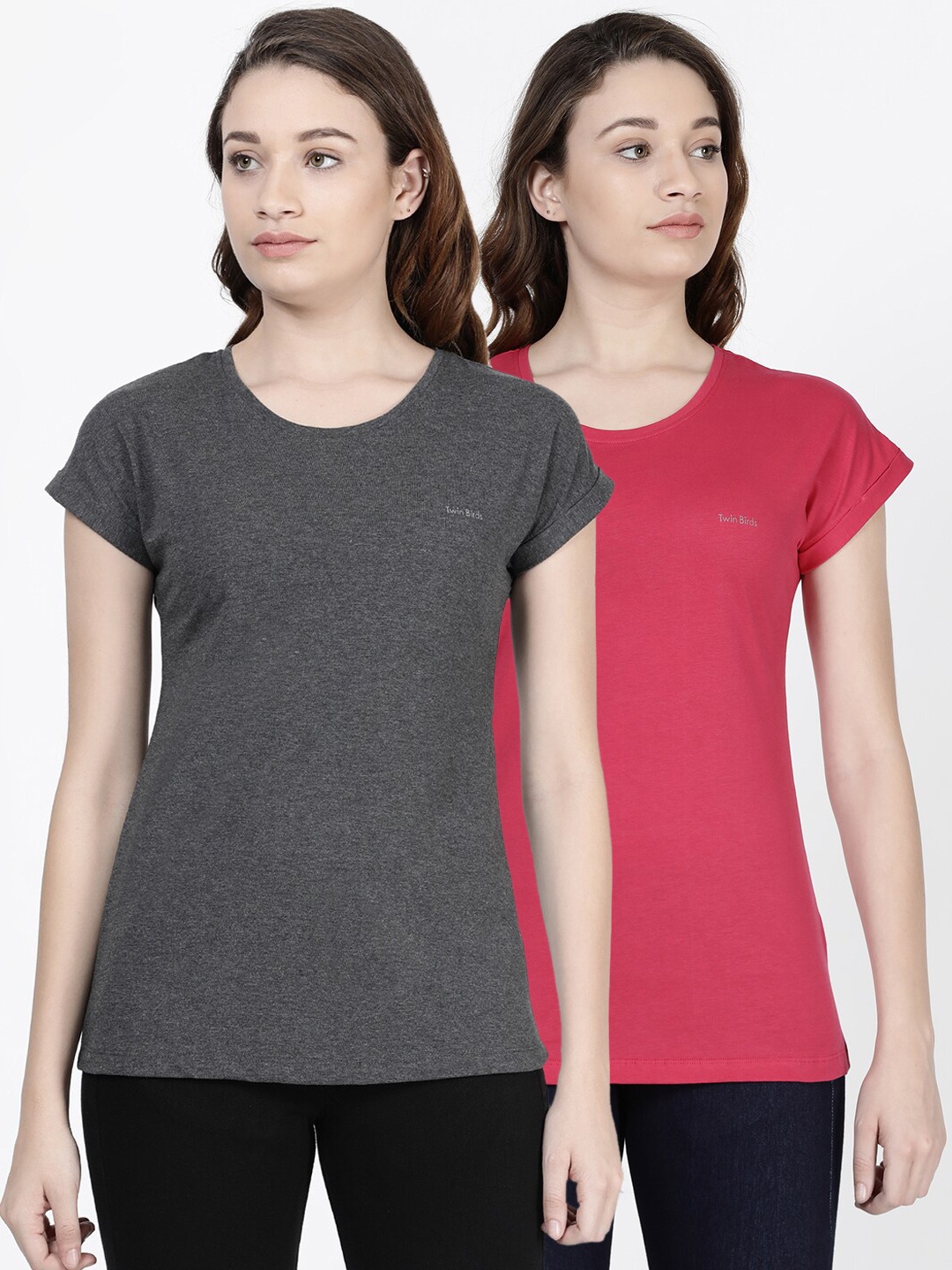 TWIN BIRDS Women Pack Of 2 Solid Round-Neck Relaxed-Fit Pure Cotton T-shirts, Charcoal
TWIN BIRDS Women Pack Of 2 Solid Round-Neck Relaxed-Fit Pure Cotton T-shirts, Charcoal