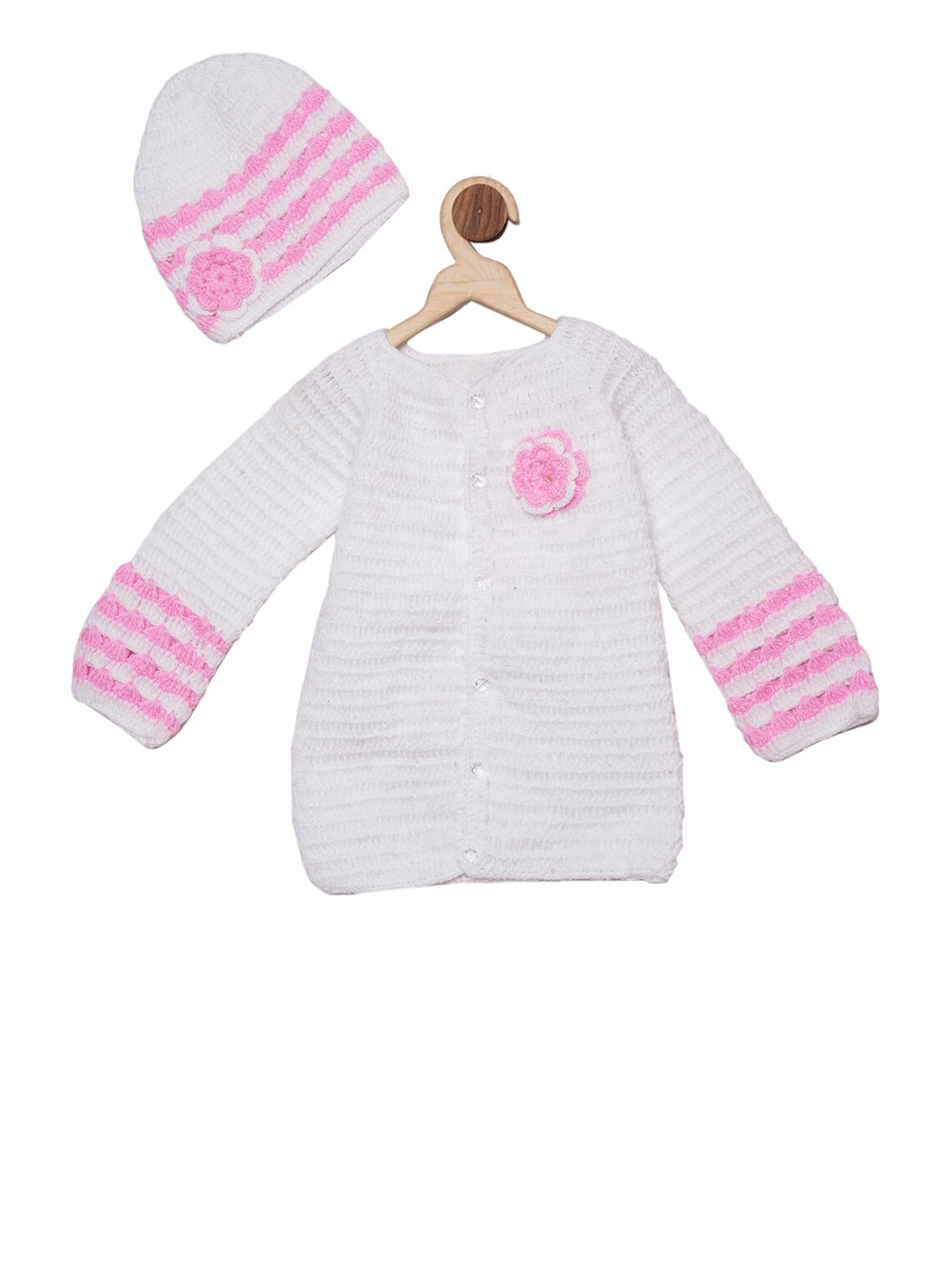 YK Infants White & Pink Colourblocked Cardigan Sweater Set