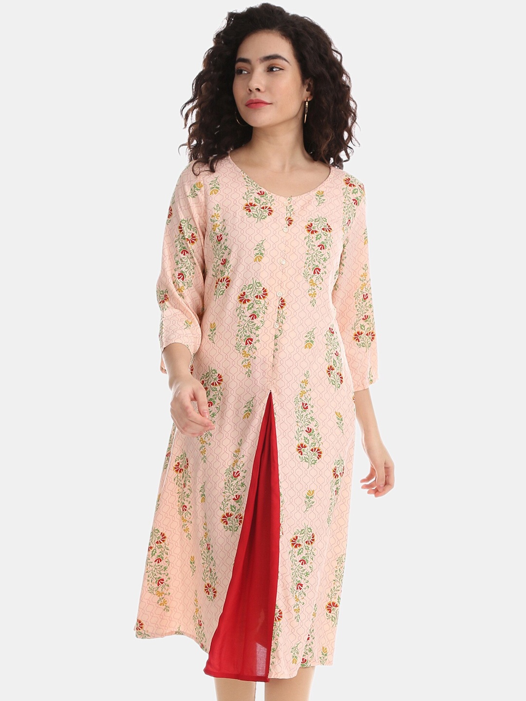 Karigari Women Peach-Coloured & Green Printed A-Line Kurta