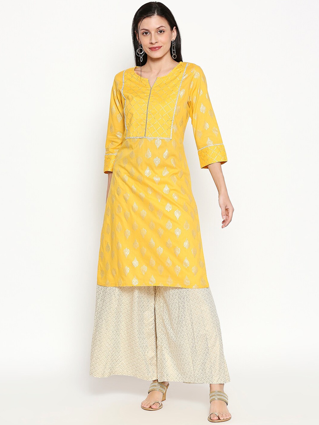 RANGMANCH BY PANTALOONS Women Yellow & Silver-Toned Printed Straight Kurta
