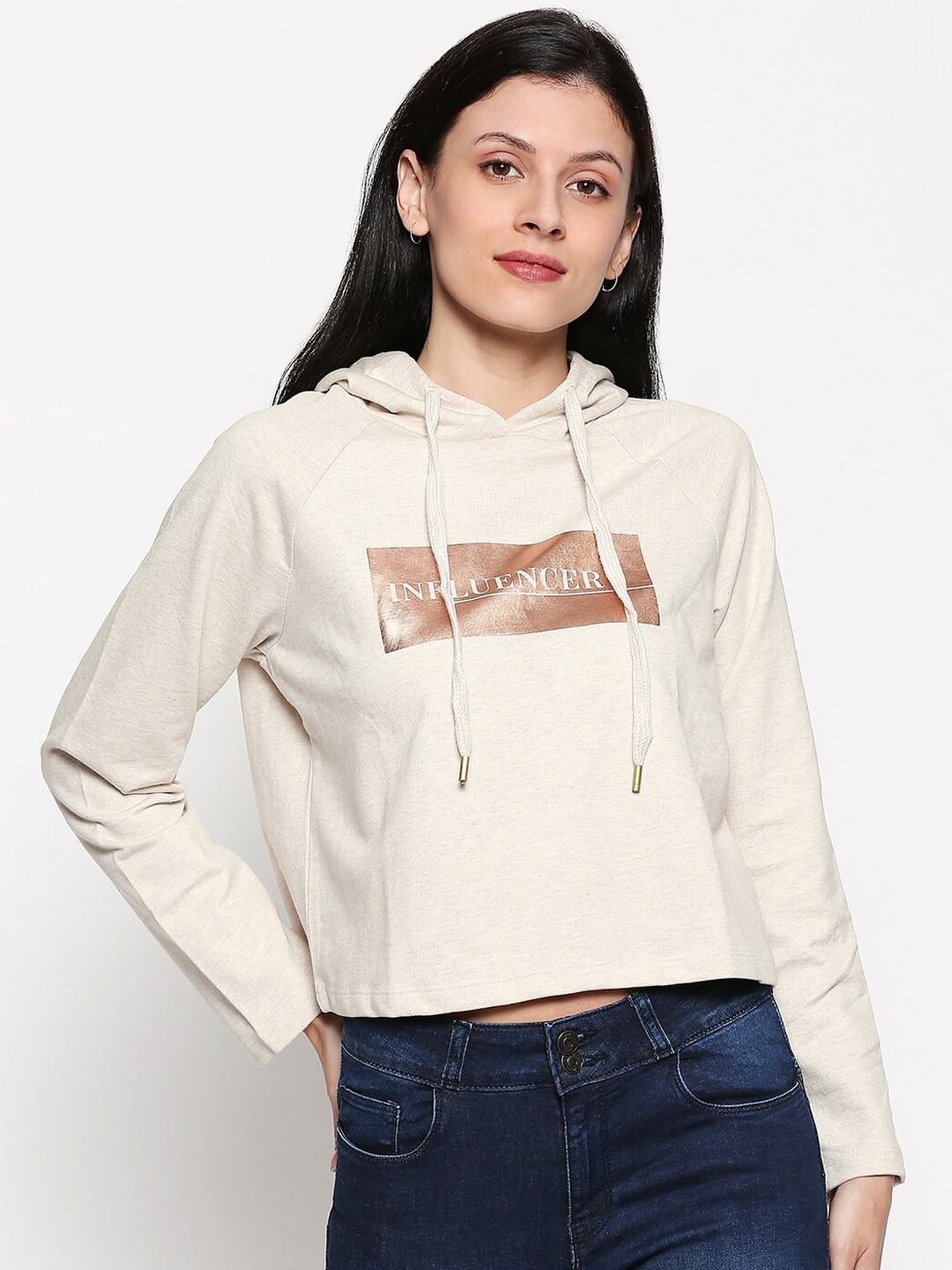 Honey by Pantaloons Women Beige Printed Hooded Sweatshirt