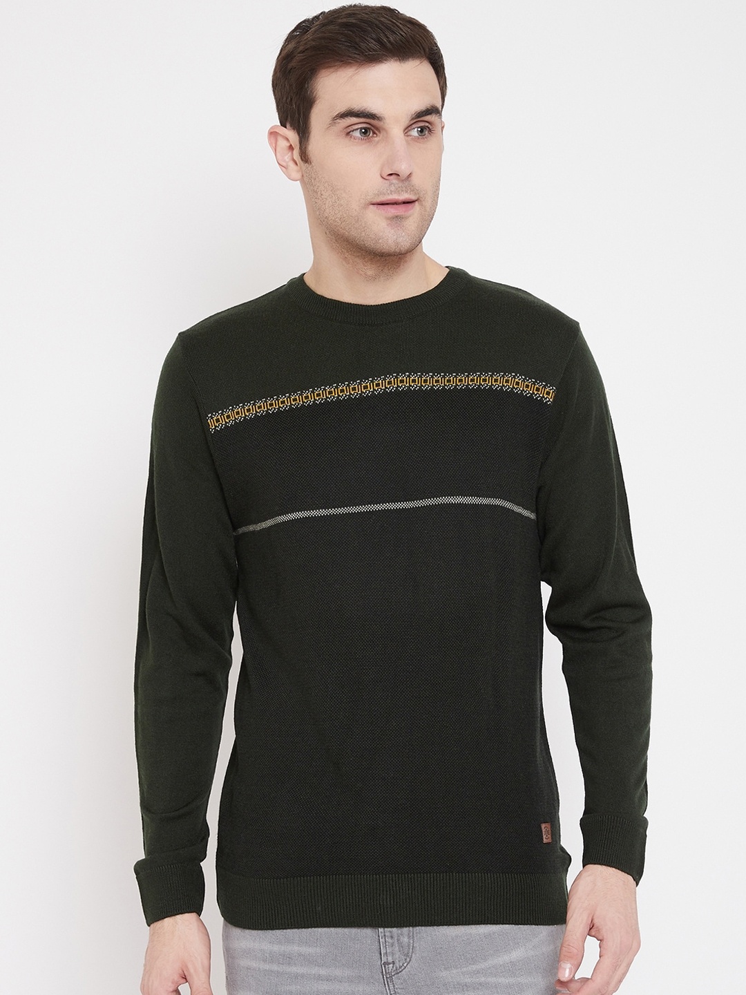 NEVA Men Olive Green Self Design Pullover Sweater