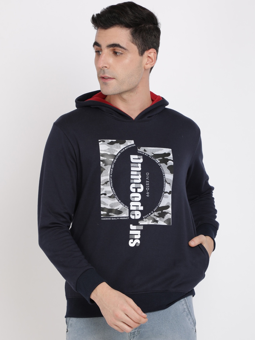 IVOC Men Navy Blue Printed Hooded Sweatshirt