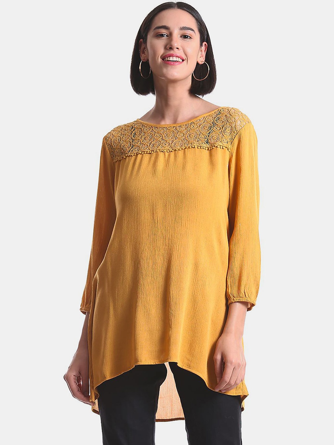 Cherokee Women Yellow Solid High-Low Top