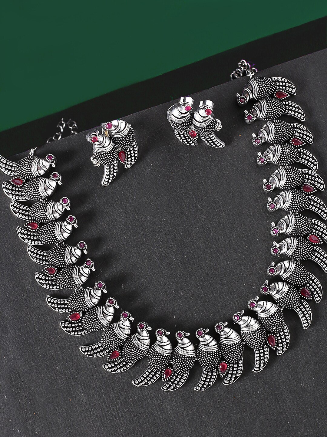Yellow Chimes Woman German Silver Oxidised Designer Peacock Choker Necklace Set