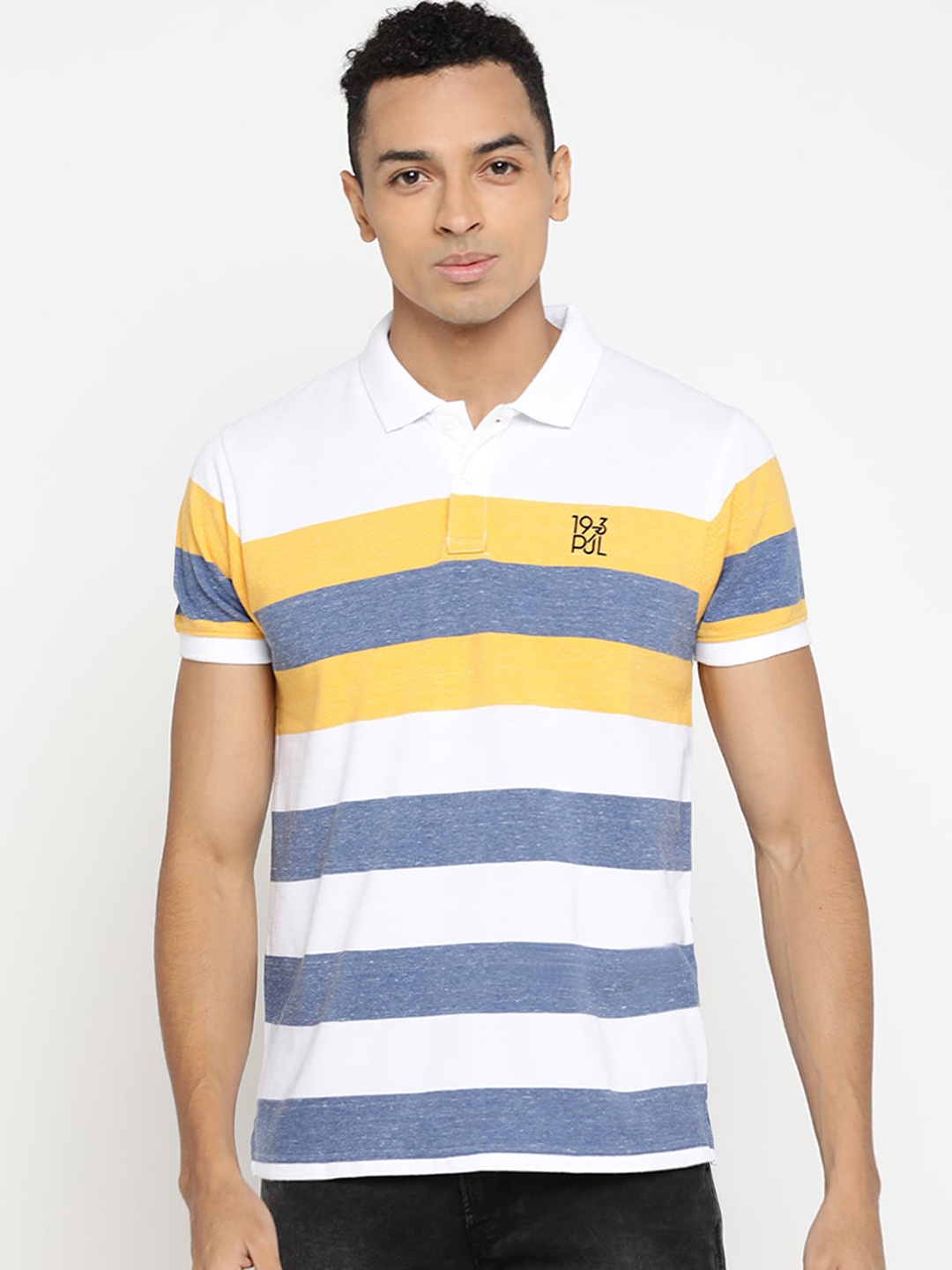 Pepe Jeans Men White & Grey Striped Polo Collar T-shirt