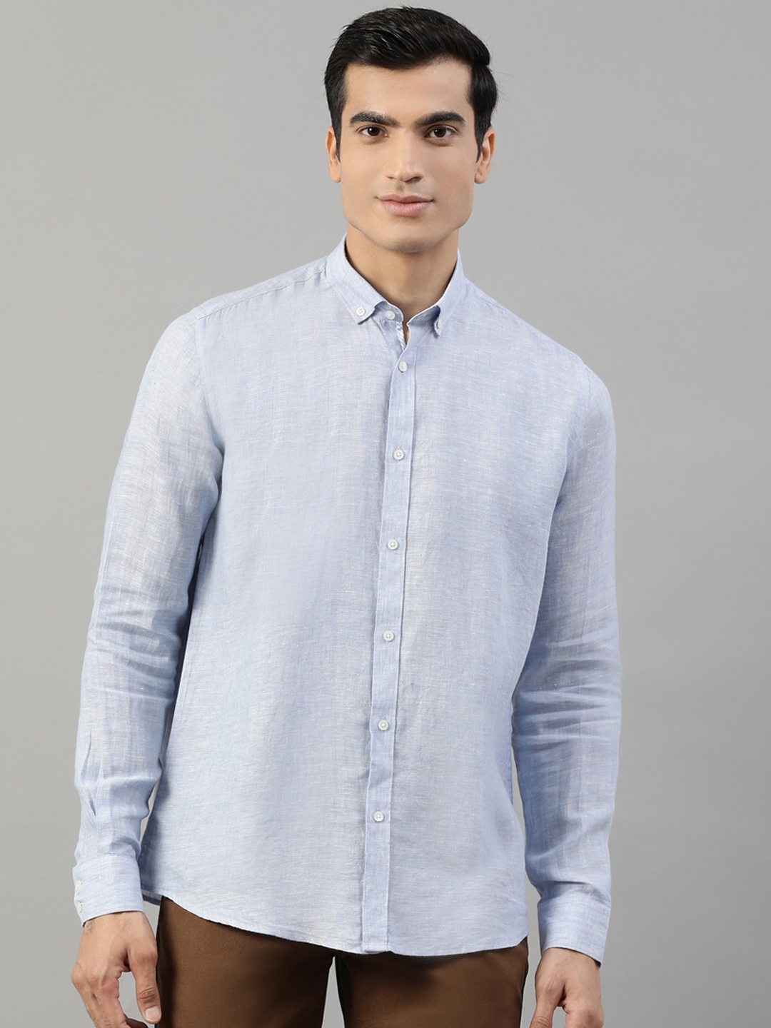HARSAM Men Blue Linen Casual Shirt
