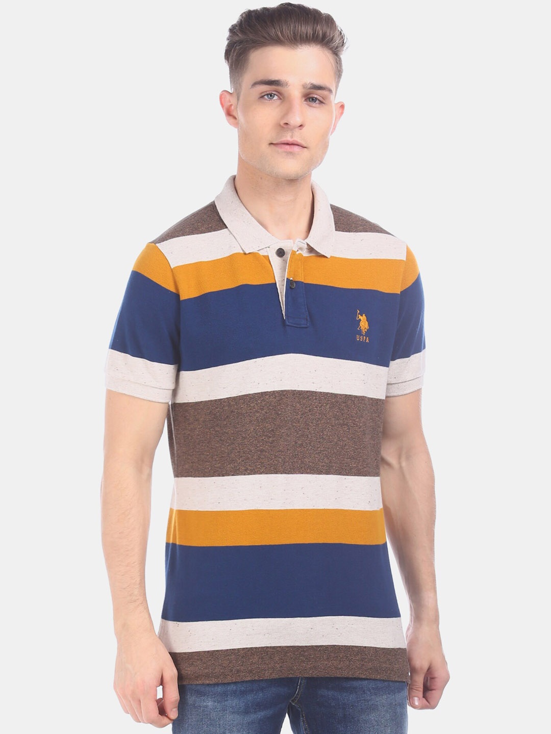 U.S. Polo Assn. Men Blue Brown Striped Polo Collar Pure Cotton T-shirt