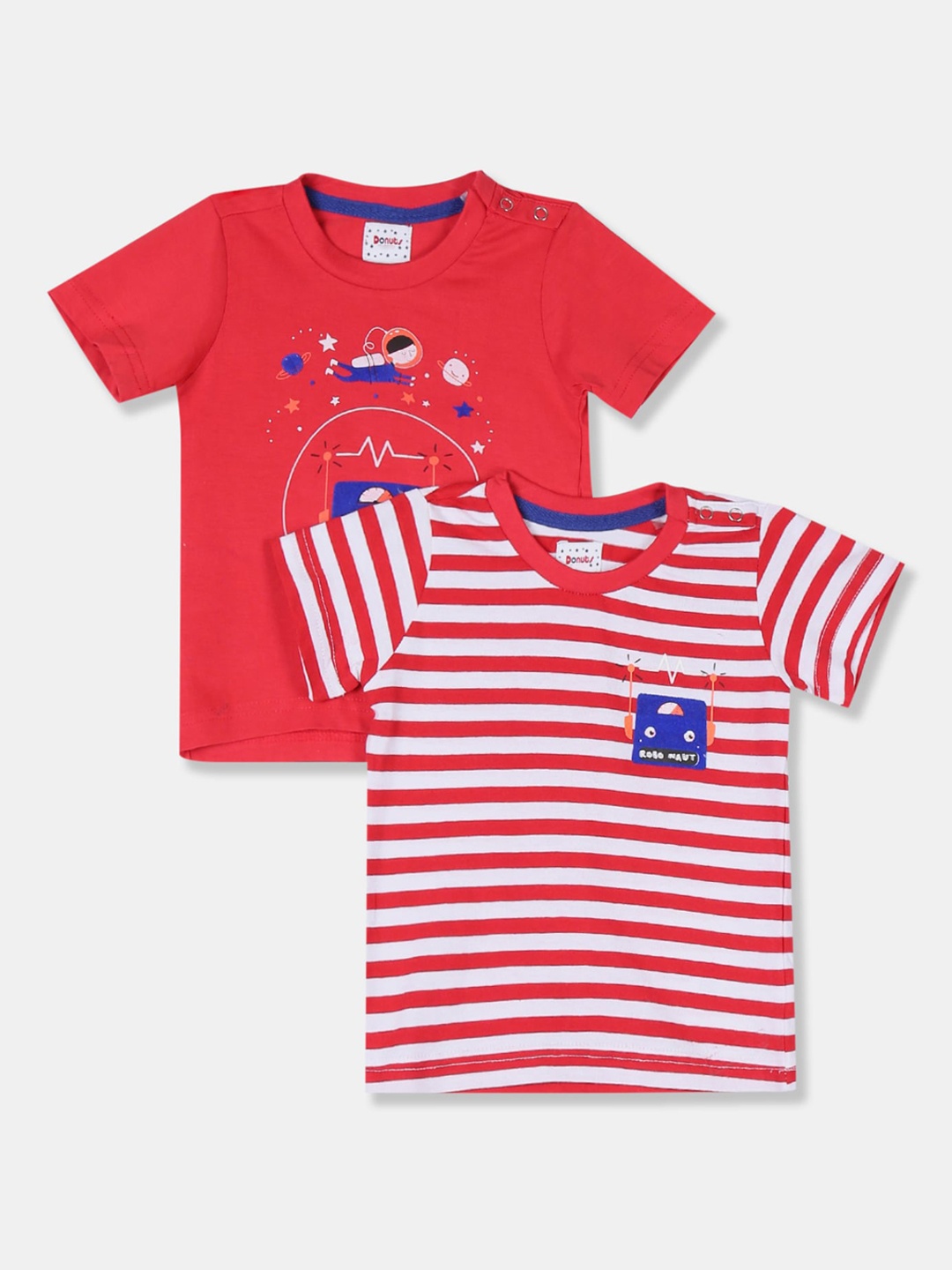 Donuts Boys Pack Of 2 Red Striped Round Neck Pure Cotton T-shirts