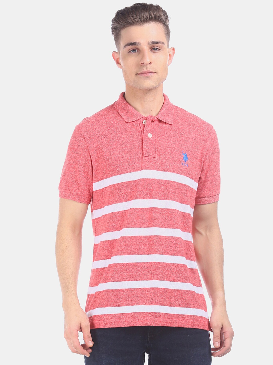 U.S. Polo Assn. Men Pink & White Striped Polo Collar T-shirt