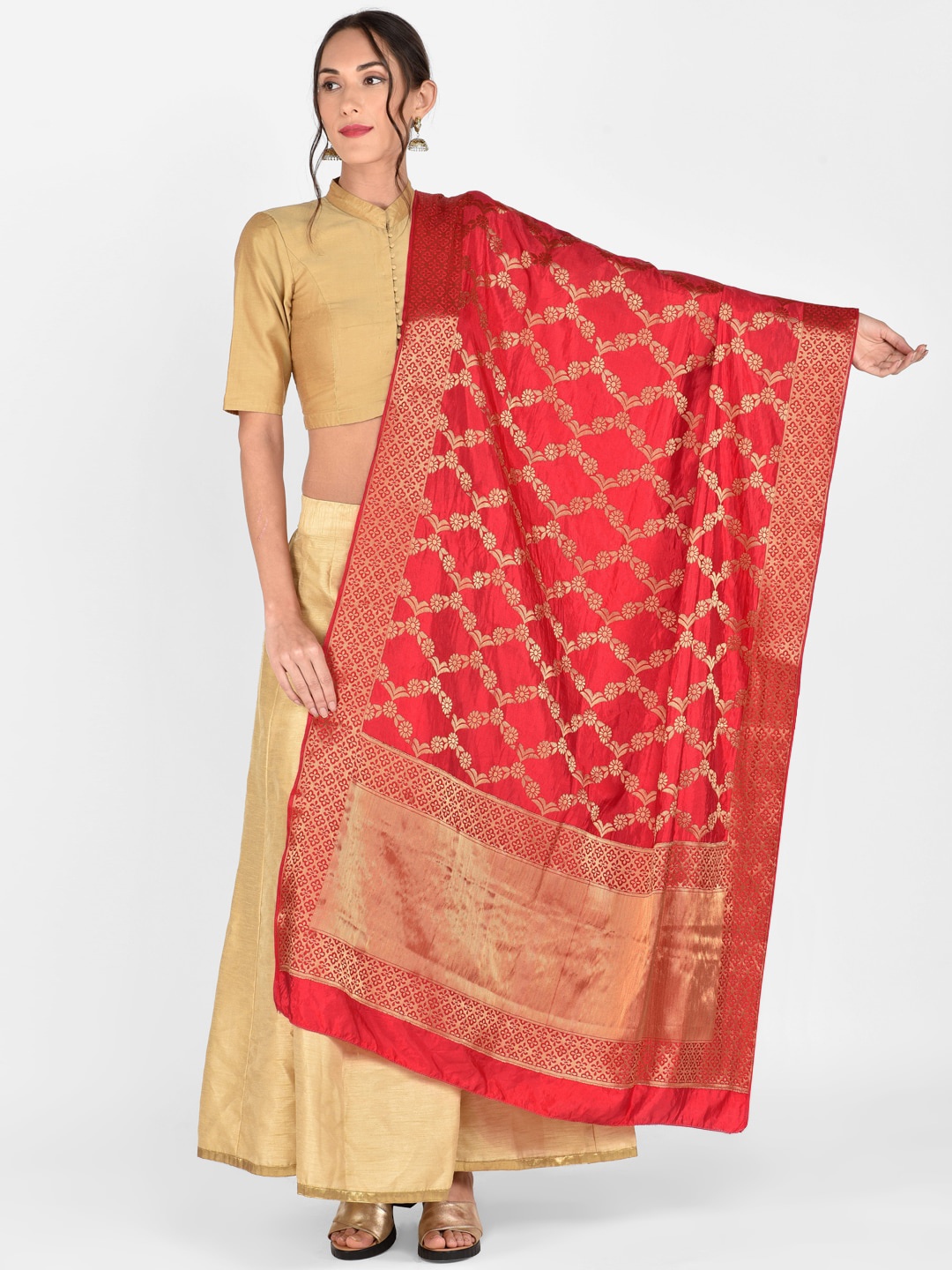 Dupatta Bazaar Red & Gold-Toned Woven Design Dupatta
