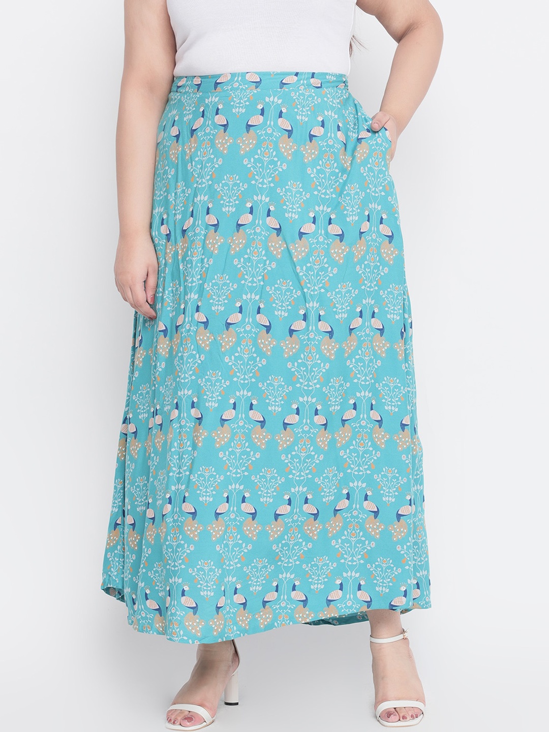 Amydus Women Plus Size Turquoise Blue & White Printed Flared Shirt