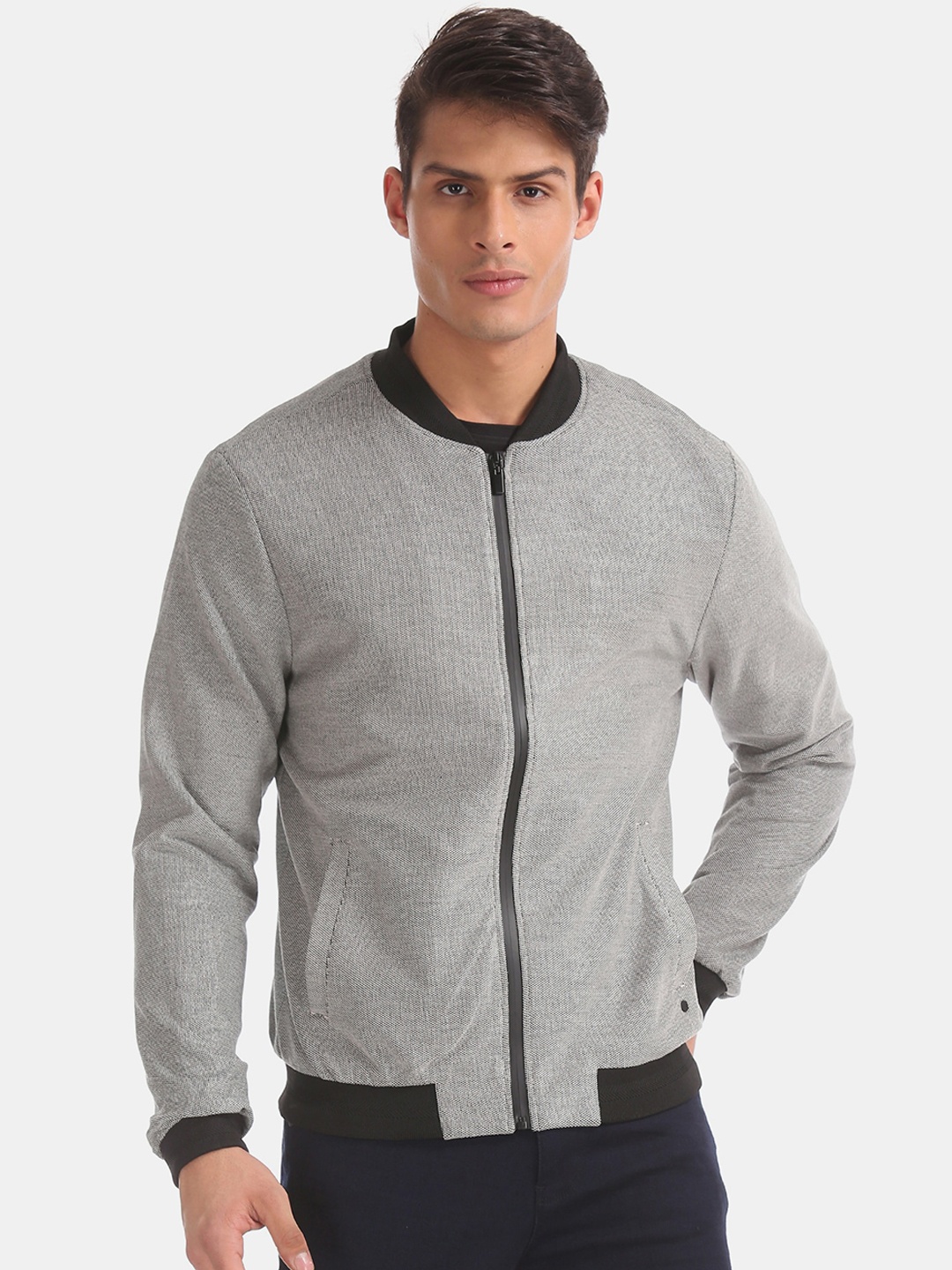 Arrow Men Grey Solid Bomber Jacket