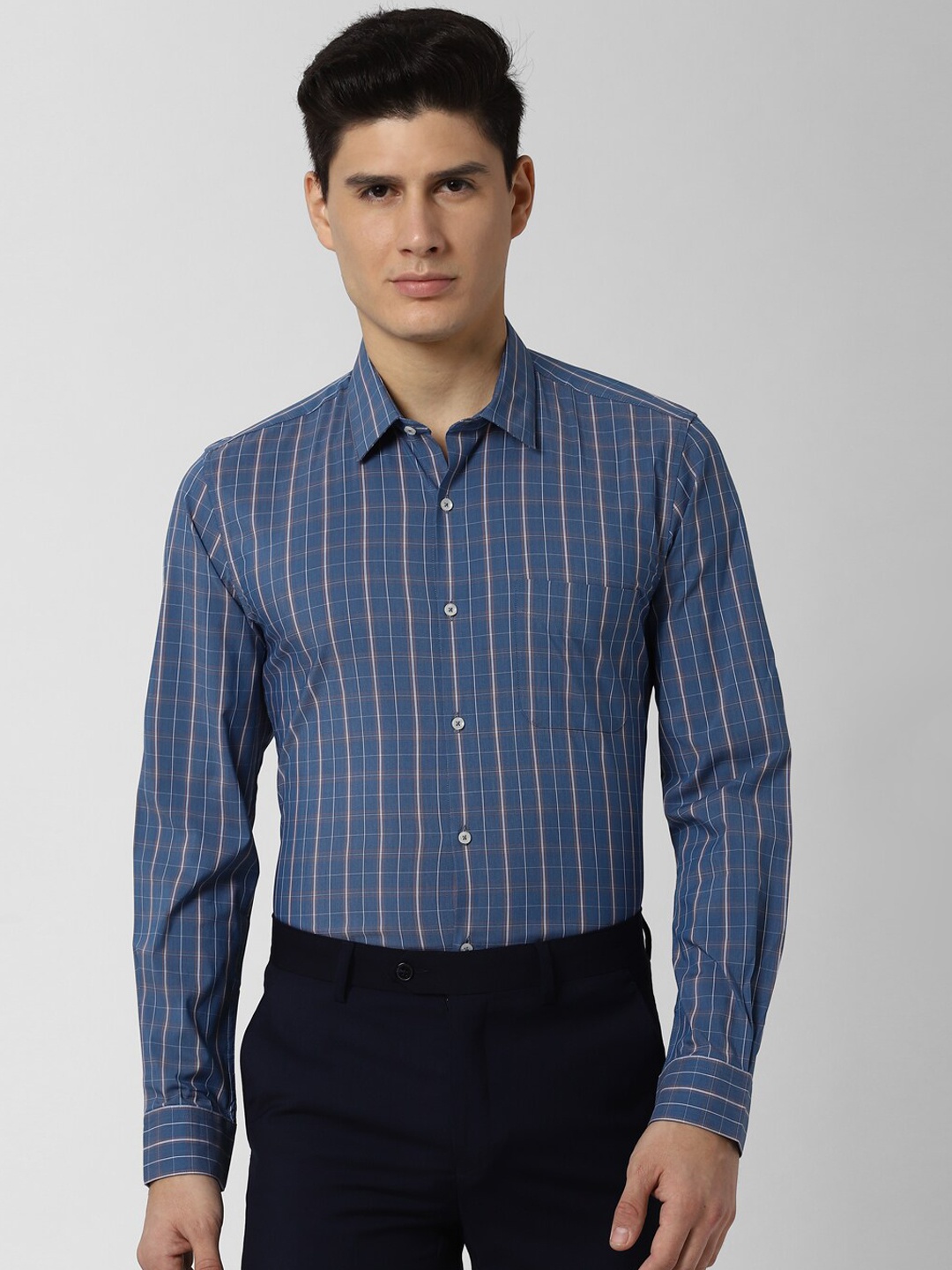 Peter England Men Blue Slim Fit Checked Formal Shirt