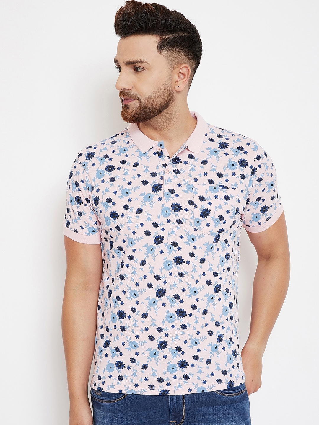 Canary London Men Pink Printed Mandarin Collar T-shirt