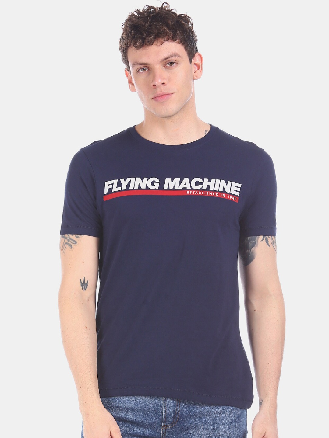 Flying Machine Men Blue Printed Round Neck T-shirt