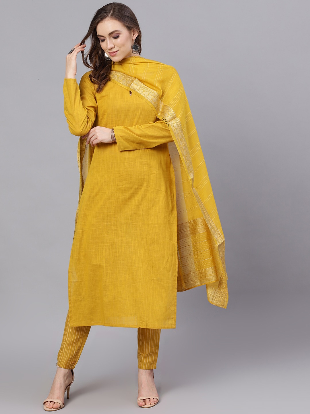 AKS Women Mustard Yellow Solid Kurta with Trousers & Dupatta